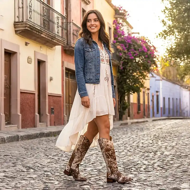Cowhide Cowboy Boots with White Ruffled Dress and Denim Jacket — Cowboy Boots Outfits