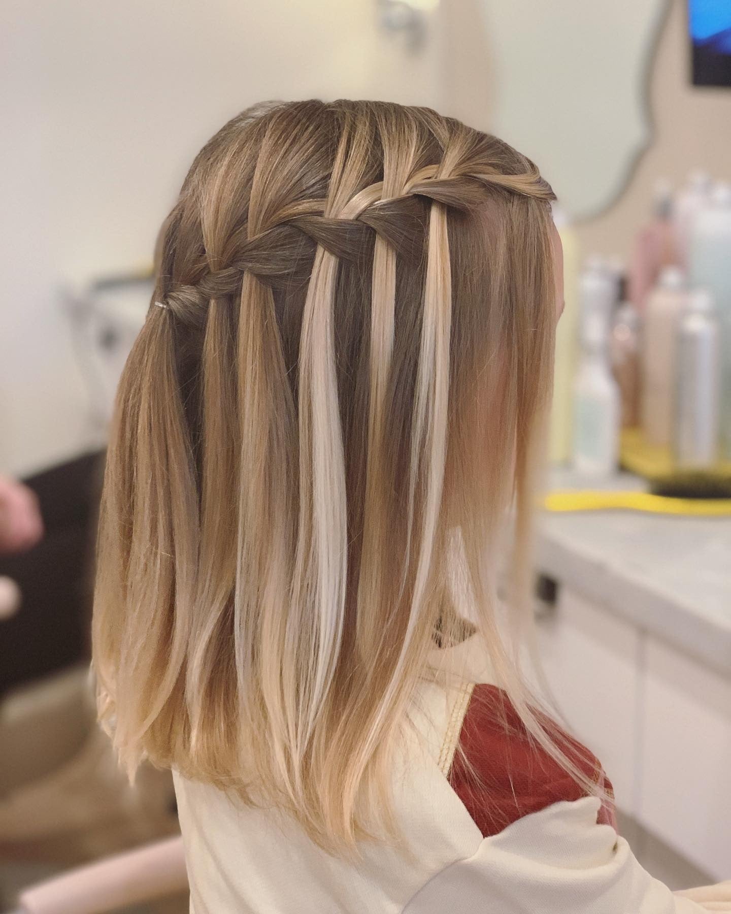 Light Brown With Blonde Balayage Light Brown Collarbone Waterfall Braid