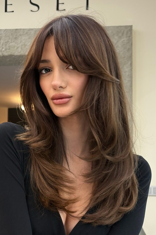 Mocha Brown With Subtle Highlights Visual Idea — Long Layered Hair with Curtain Bangs