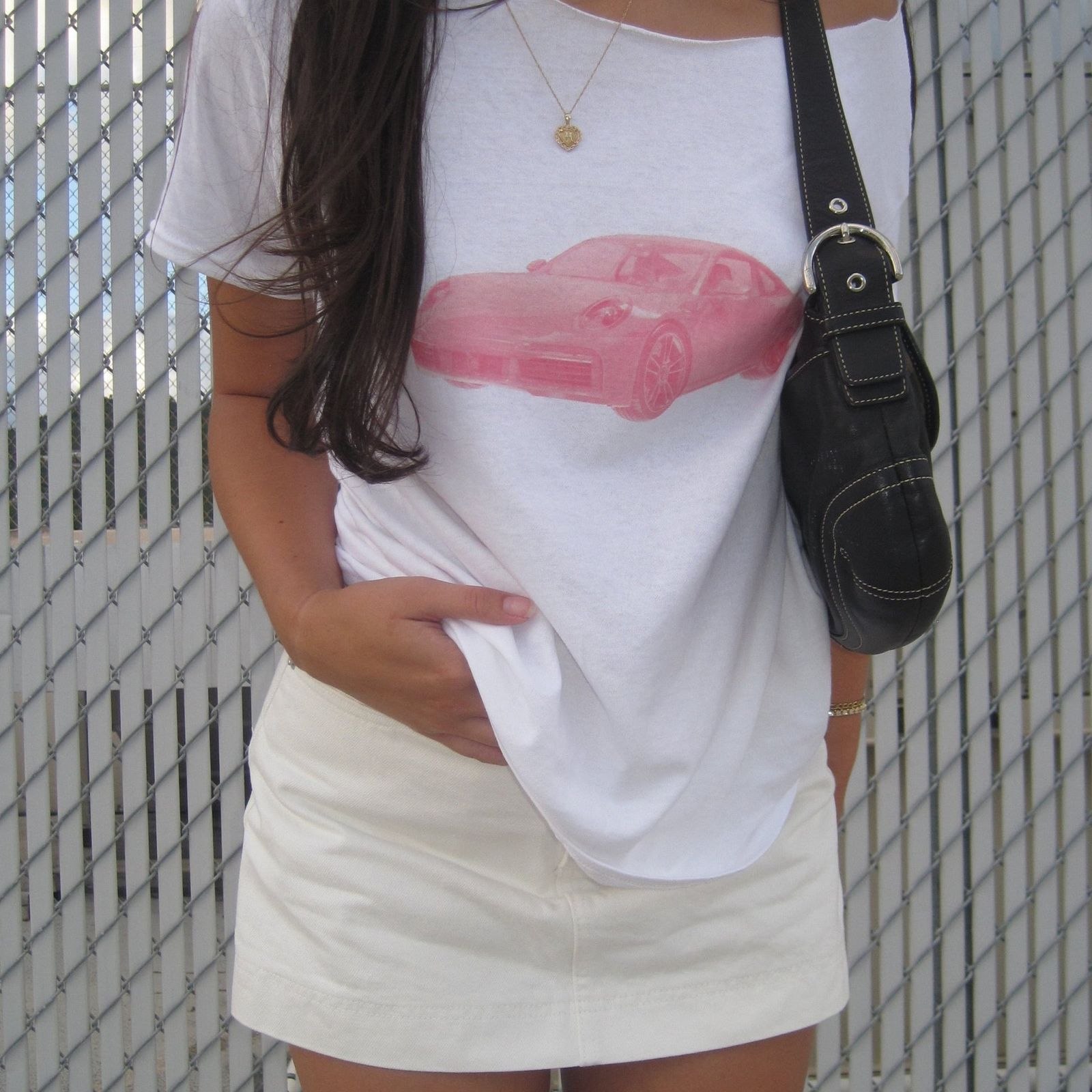 White Baby Tee with Car Graphic and Cream Mini Skirt White Baby Tee with Car Graphic and Cream Mini Skirt — Baby Tee Outfits