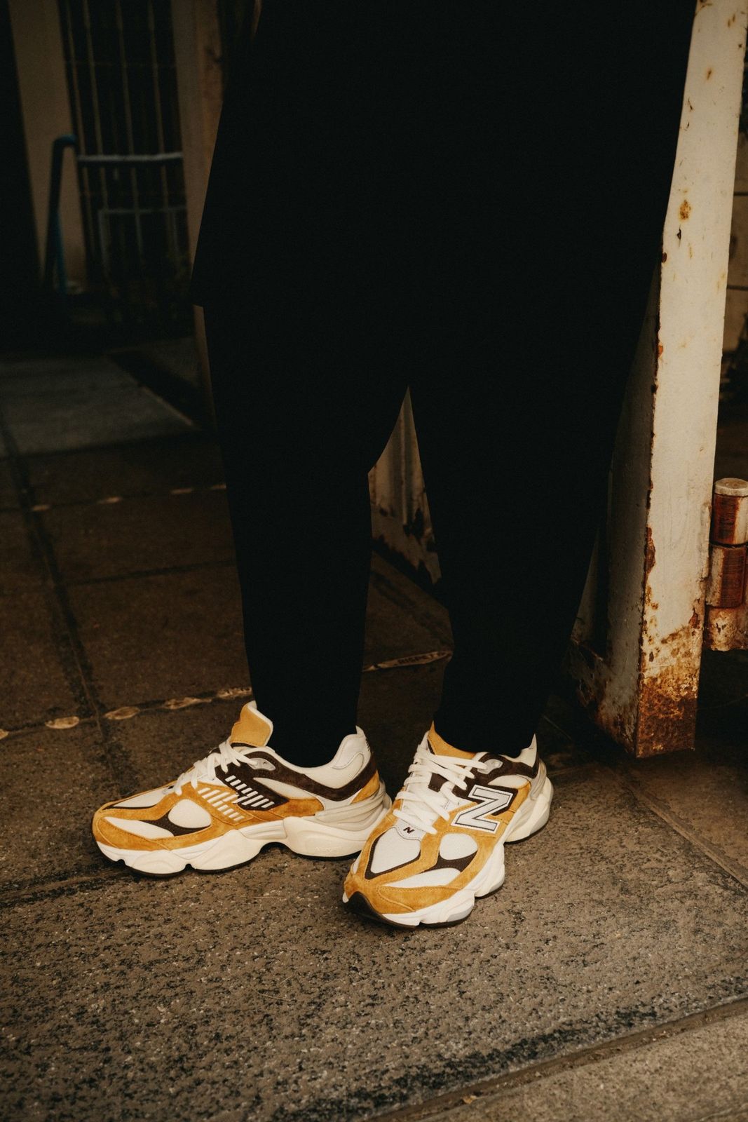 Tan, Brown, and White 9060s with Black Trousers Tan, Brown, and White 9060s with Black Trousers — New Balance 9060 Outfits