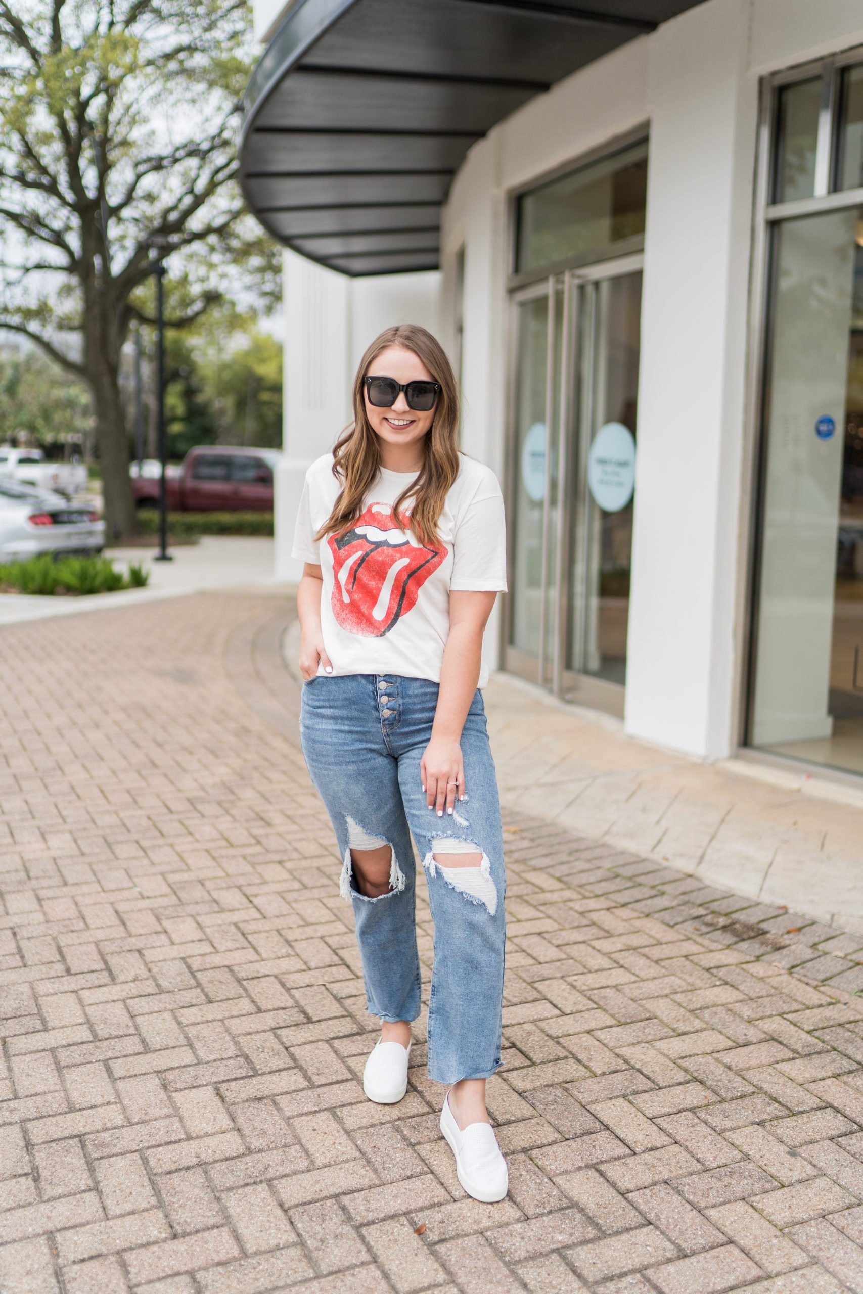 Distressed Mom Jeans with a Graphic Tee Distressed Mom Jeans with a Graphic Tee