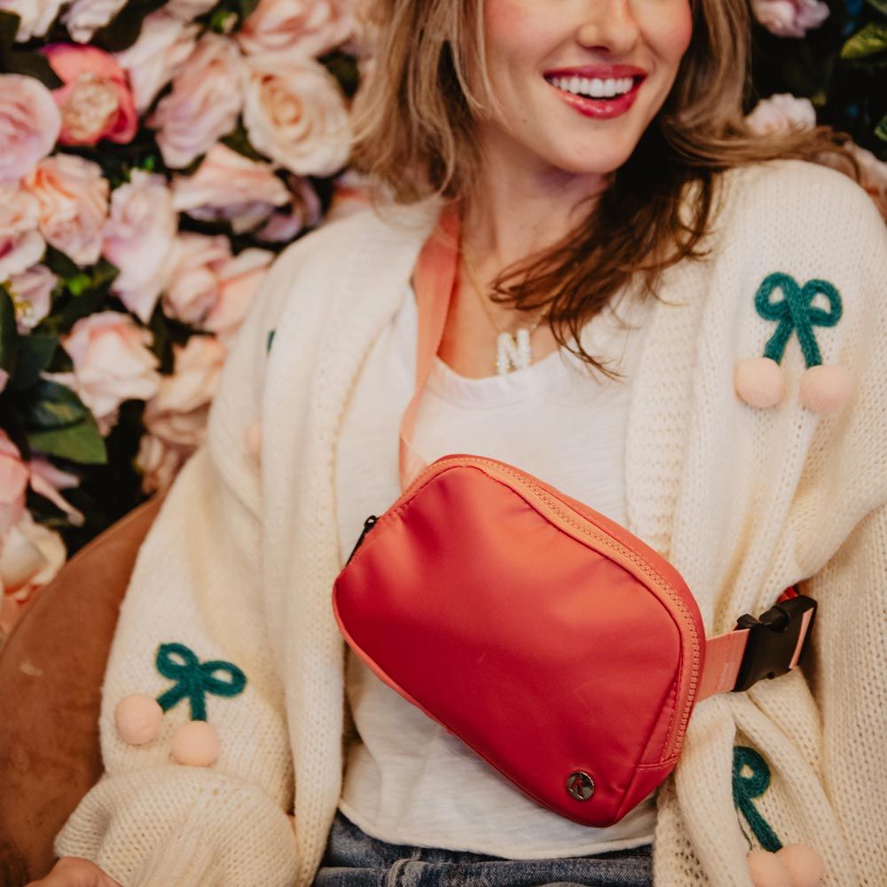 Playful Details: Rose Pink Fanny Pack with Cherry Cardigan Playful Details: Rose Pink Fanny Pack with Cherry Cardigan — Fanny Pack Outfits