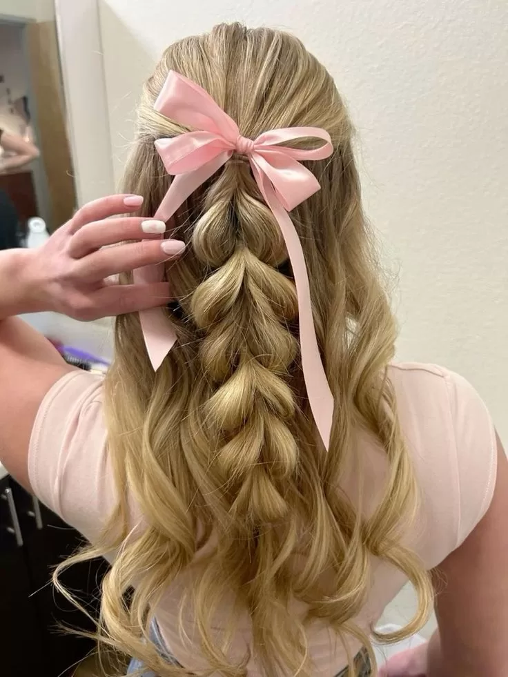 Fishtail Bubble Braid With Pink Bows — Hair Bow Hairstyles