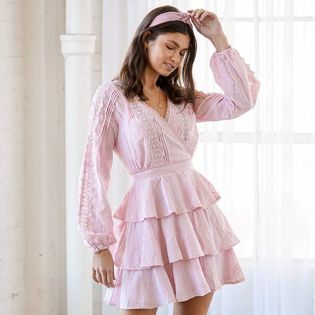 Light Pink Tiered Mini Dress with Lace Trim Light Pink Tiered Mini Dress with Lace Trim — Light Feminine Outfits