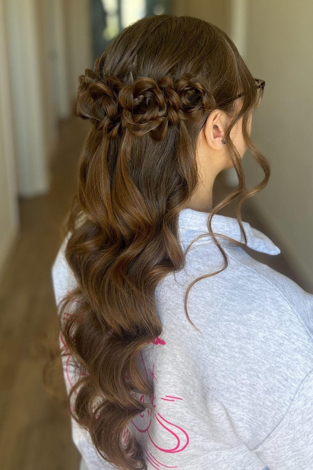 Medium Brown Braided Rosettes Half-Up Medium Brown Braided Rosettes Half-Up — Prom Hairstyles for Long Hair