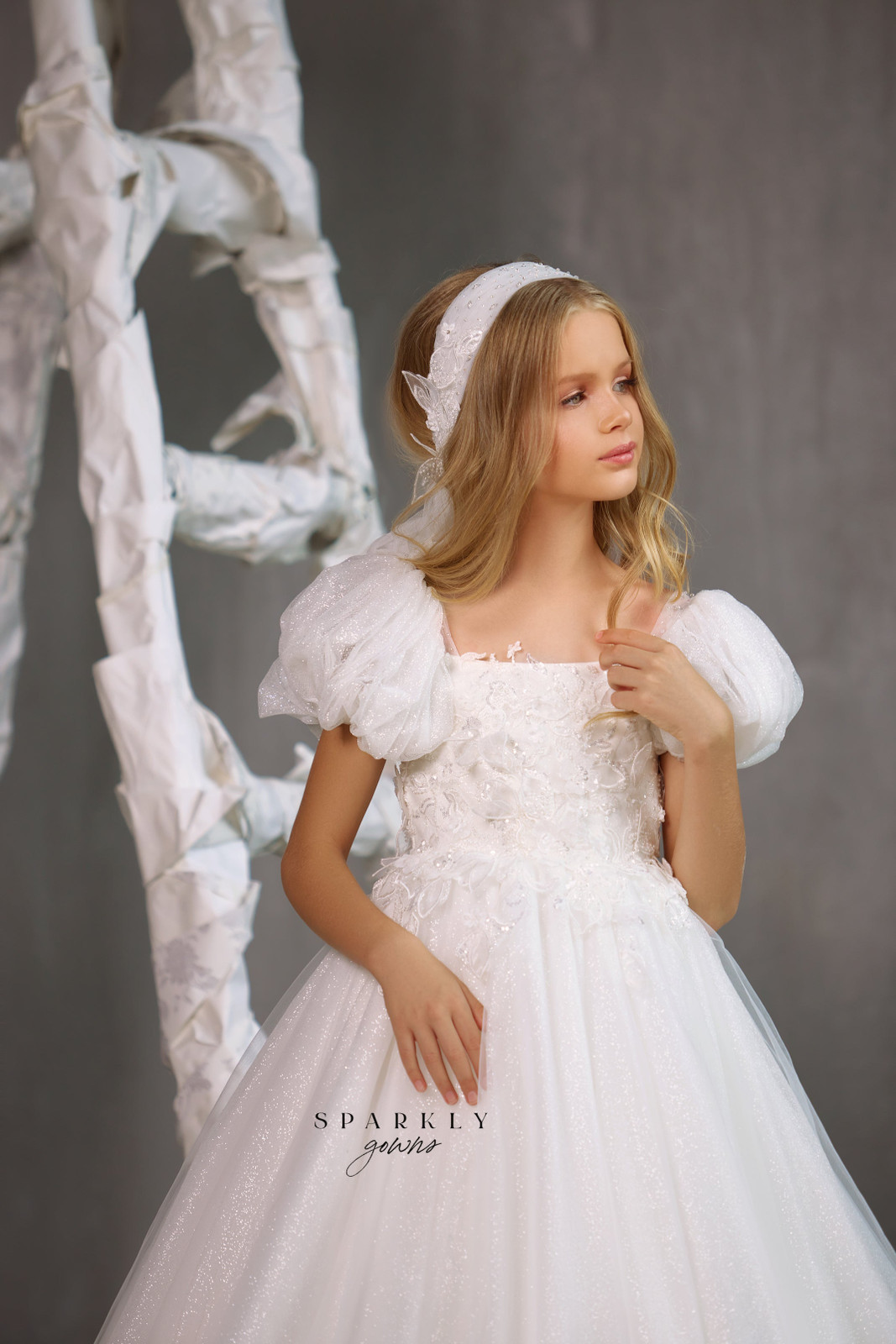 A-Line Dress with Puffy Glitter Sleeves and Lace Bodice A-Line Dress with Puffy Glitter Sleeves and Lace Bodice — First Communion Outfits