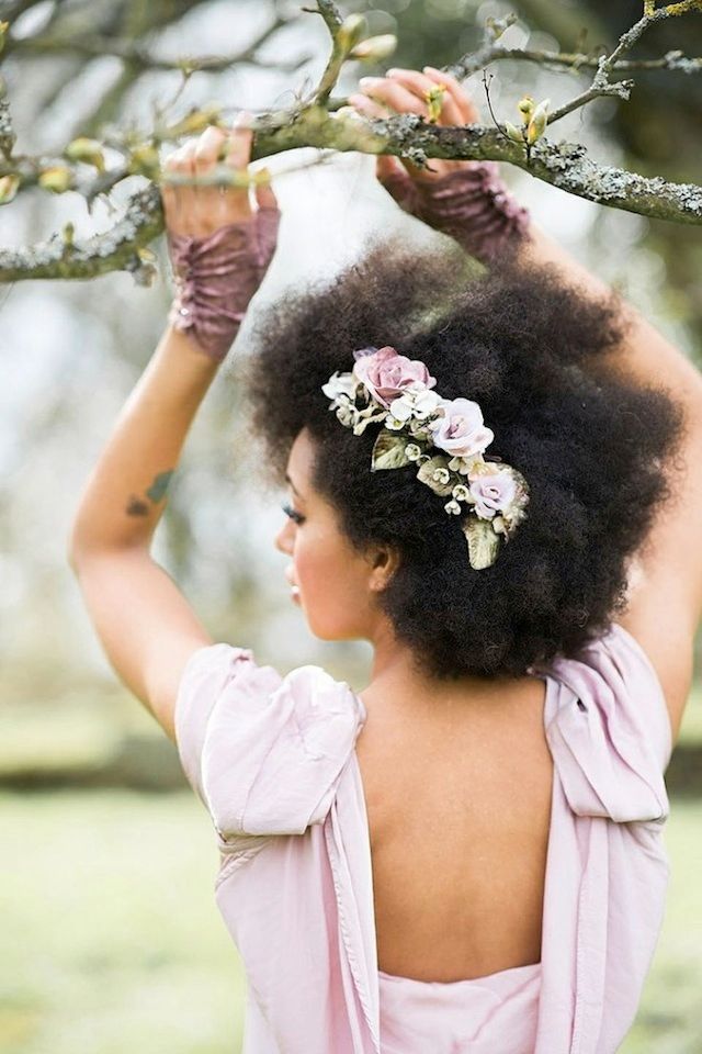 Shoulder Natural Afro With A Floral Crown — Natural Hair Wedding Styles