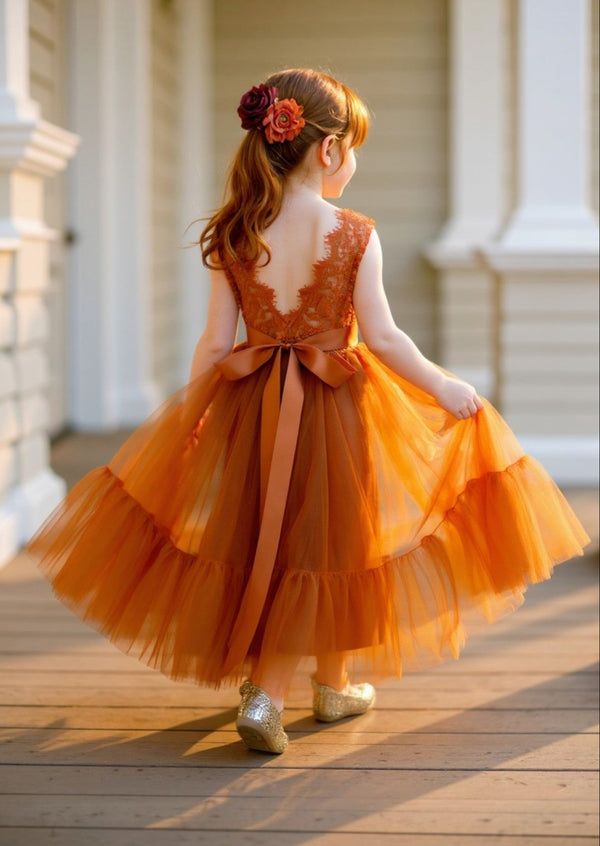 Burnt Orange Tiered Tulle Dress with Satin Sash Burnt Orange Tiered Tulle Dress with Satin Sash — Flower Girl Dresses