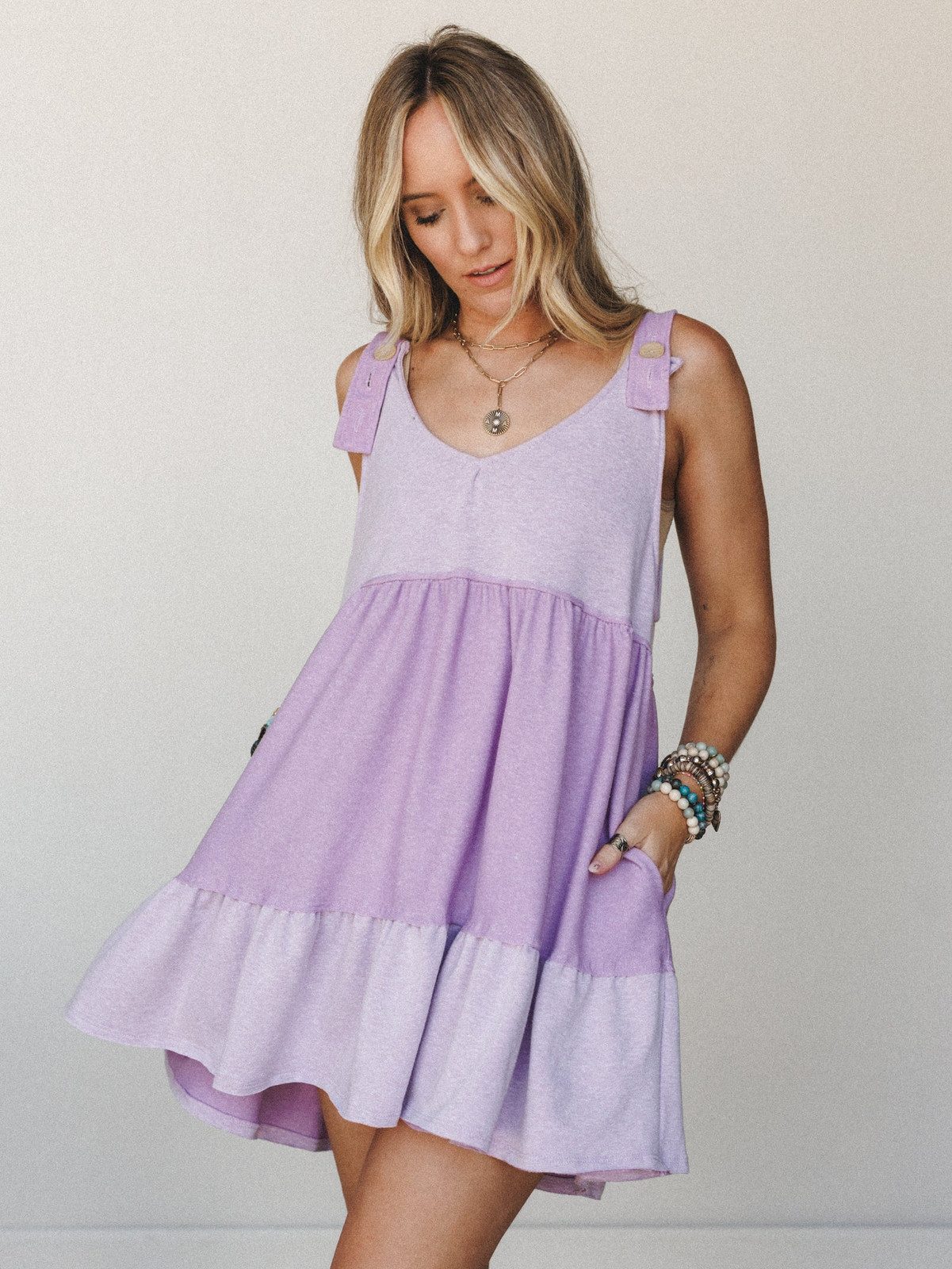 Lavender and Purple Color-Blocked Tiered Babydoll — Babydoll Dresses