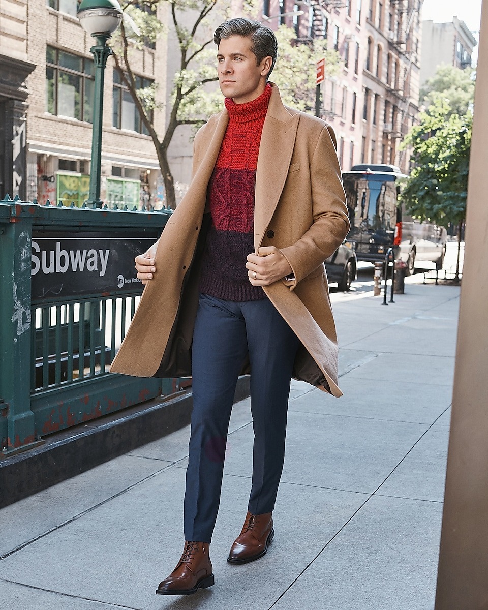 Camel Overcoat with Colorblock Turtleneck and Boots Camel Overcoat with Colorblock Turtleneck and Boots — Mens Business Casual Outfits
