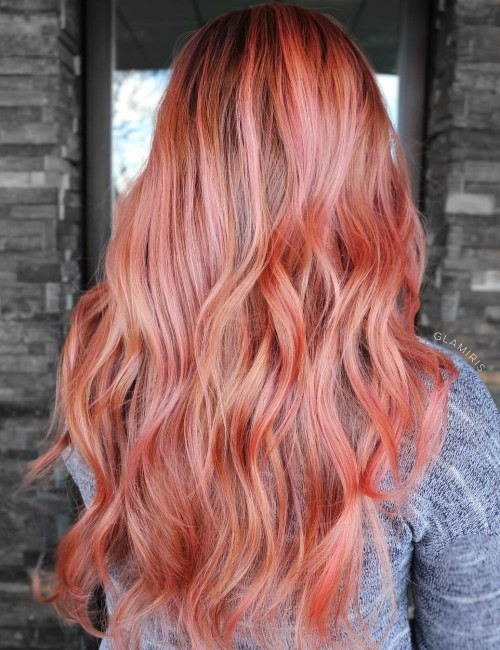 Vibrant Peach Balayage Waves — Pastel Hair
