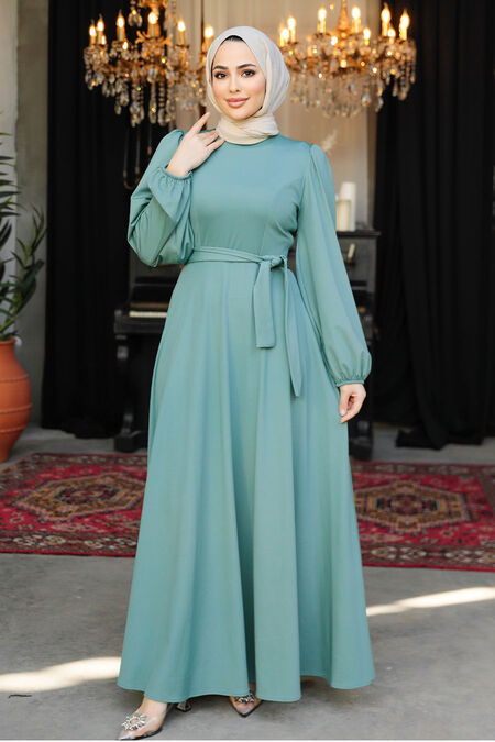 Mint Green Belted Dress with Balloon Sleeves for Casual Elegance Mint Green Belted Dress with Balloon Sleeves for Casual Elegance — Casual Hijab Outfits