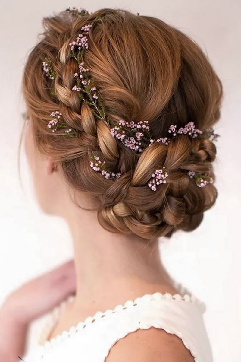 Romantic Braided Updo With Floral Accents Romantic Braided Updo With Floral Accents — Homecoming Hairstyles