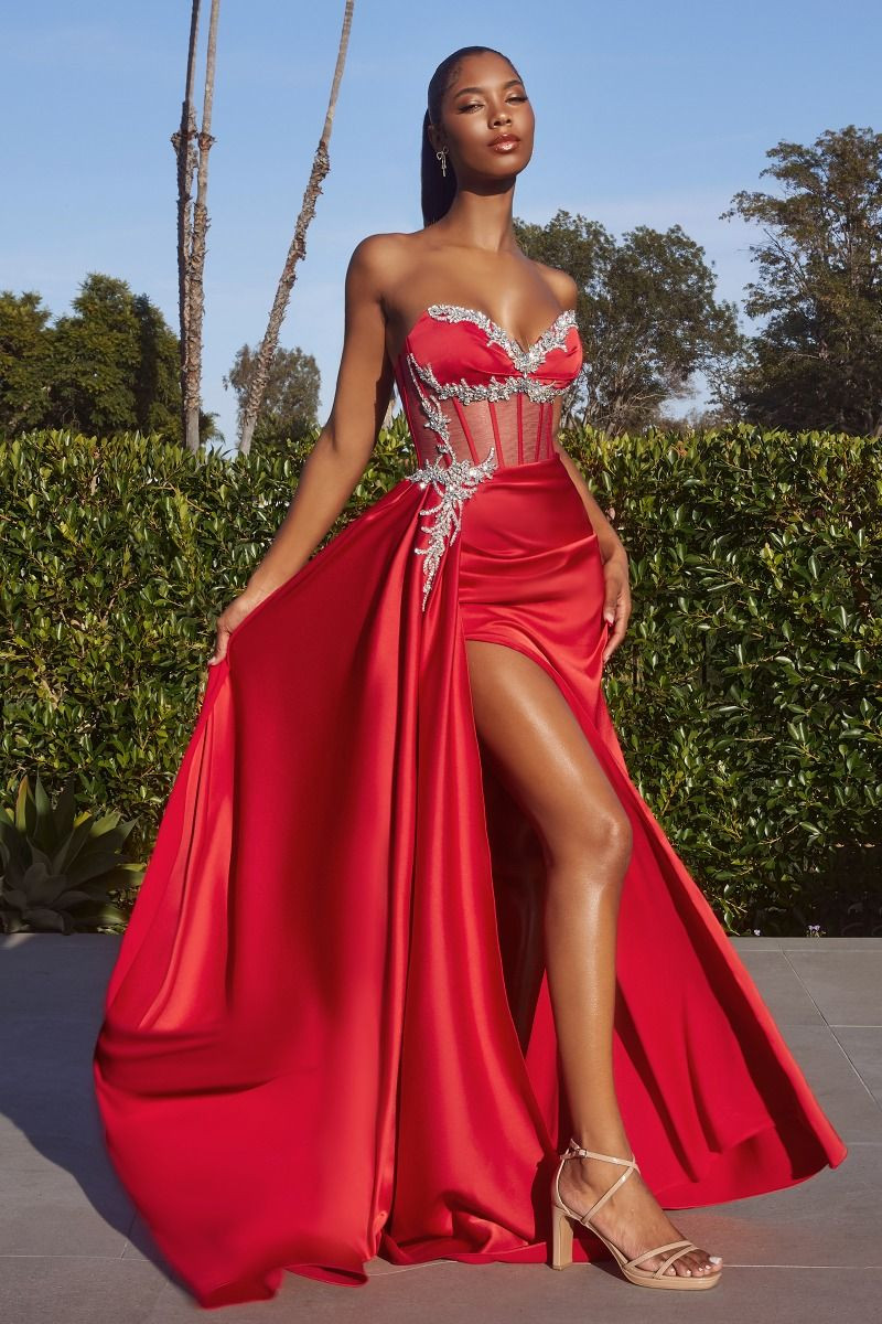 Red Satin Corset Gown with Sheer Bodice and Rhinestone Appliqué Red Satin Corset Gown with Sheer Bodice and Rhinestone Appliqué — Corset Dresses