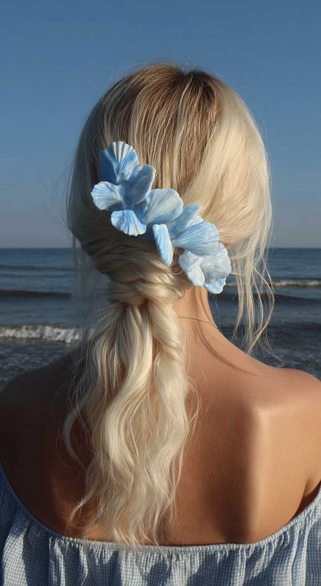 Braided Ponytail with Floral Accessory Braided Ponytail with Floral Accessory — Aesthetic Hairstyles