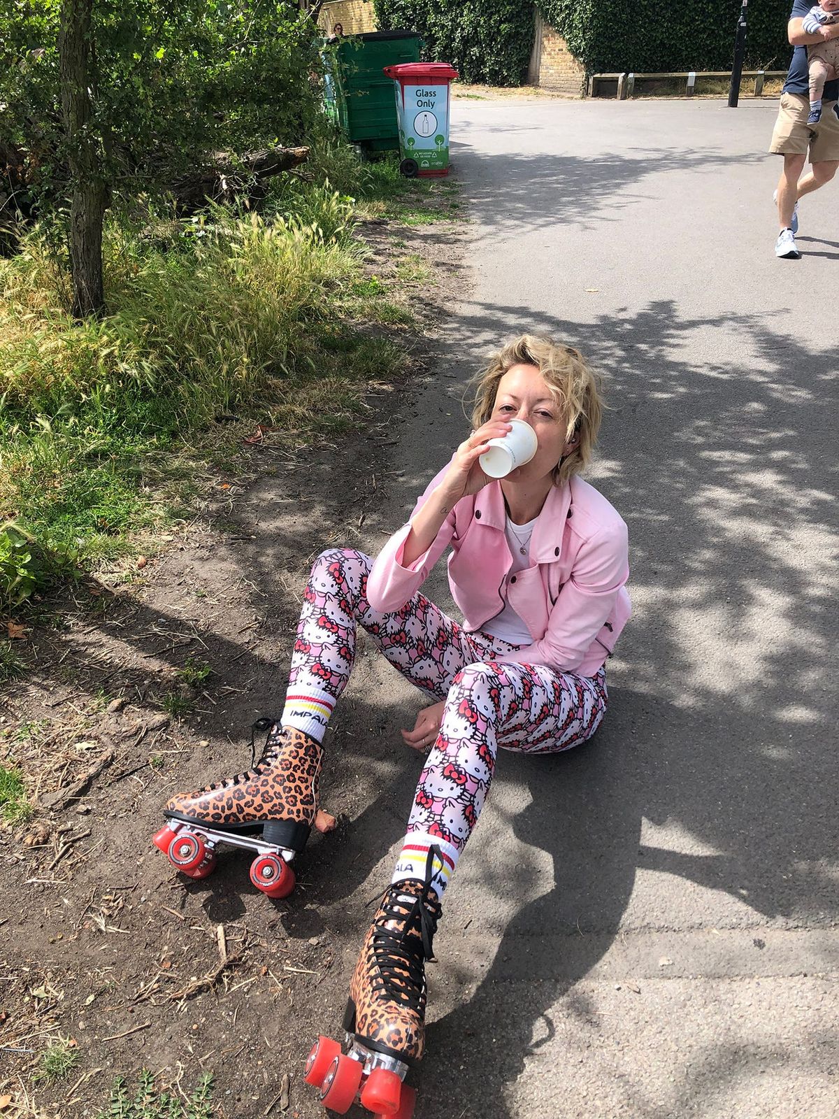 Hello Kitty Leggings and Pink Jacket with Leopard Skates — Roller Skating Outfits