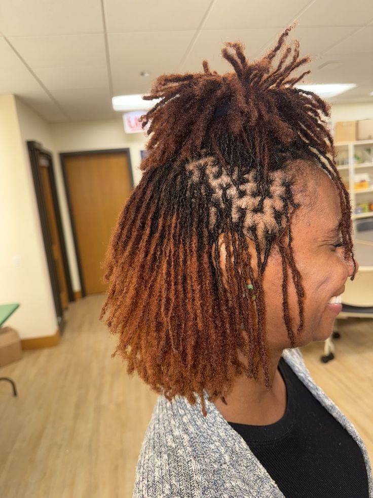 Wavy Brown Locs With Copper Highlights Wavy Brown Locs With Copper Highlights — Loc Half Up Half Down