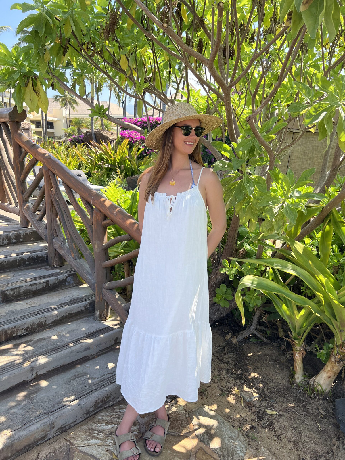 White Tiered Sundress with Straw Fedora White Tiered Sundress with Straw Fedora — Maui Outfits