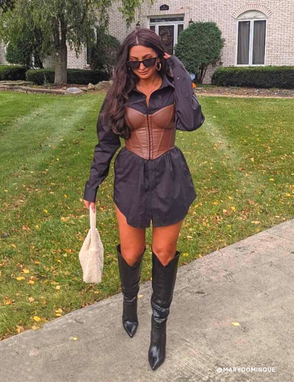 Fashion-Forward Layering: Brown Corset Over Shirt Dress — Corset Outfits