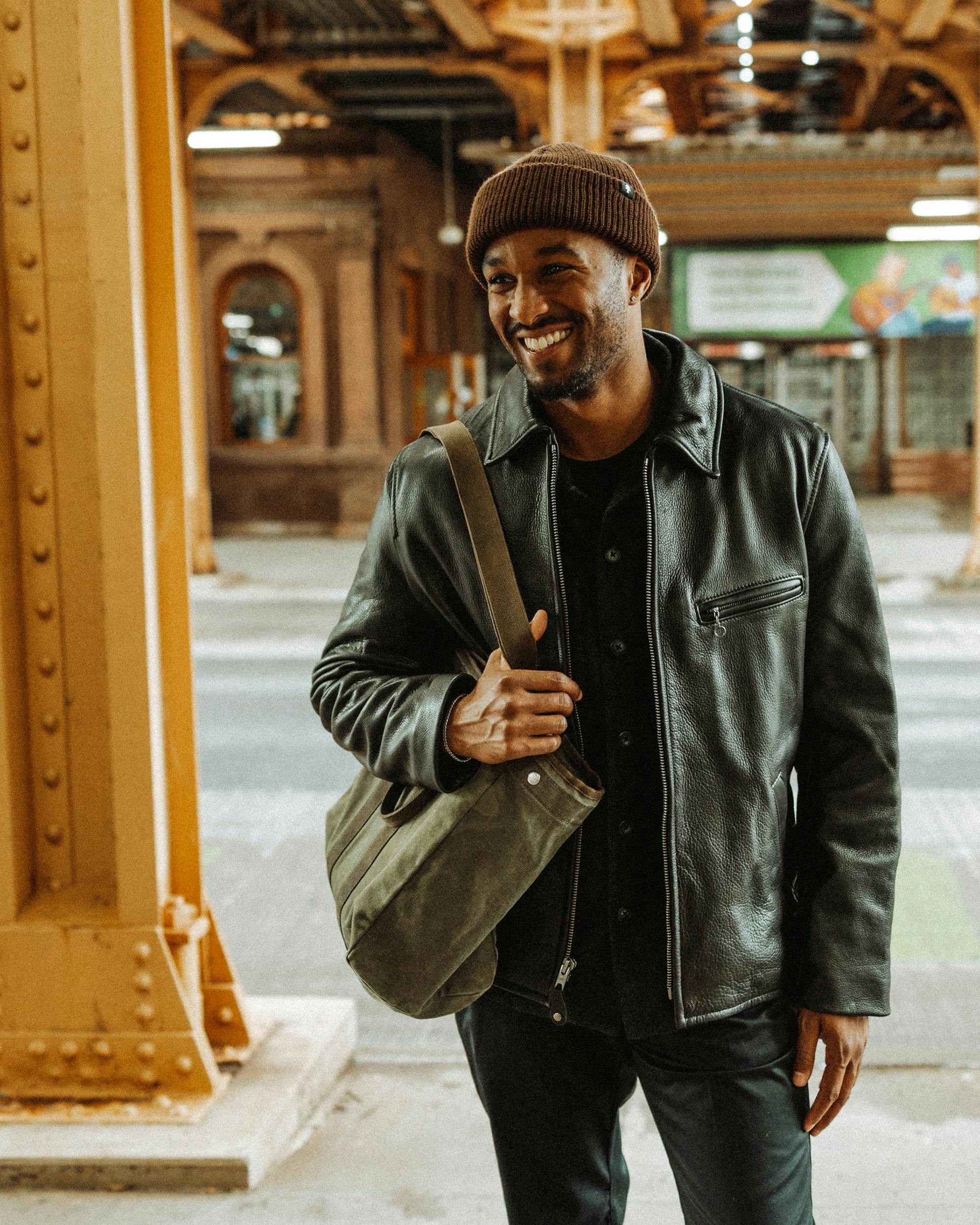 Rugged Casual: Dark Leather Jacket and Beanie — Mens Casual Outfits