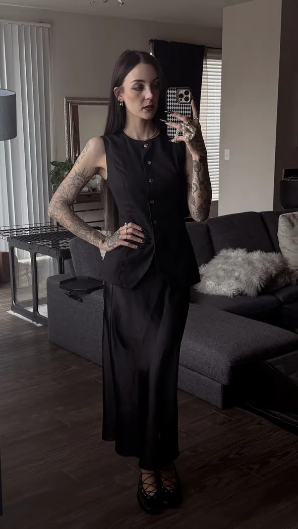 Sleeveless Vest Over Satin Midi Skirt with Lace-Up Shoes for Sleek Goth Style — Corporate Goth Outfits