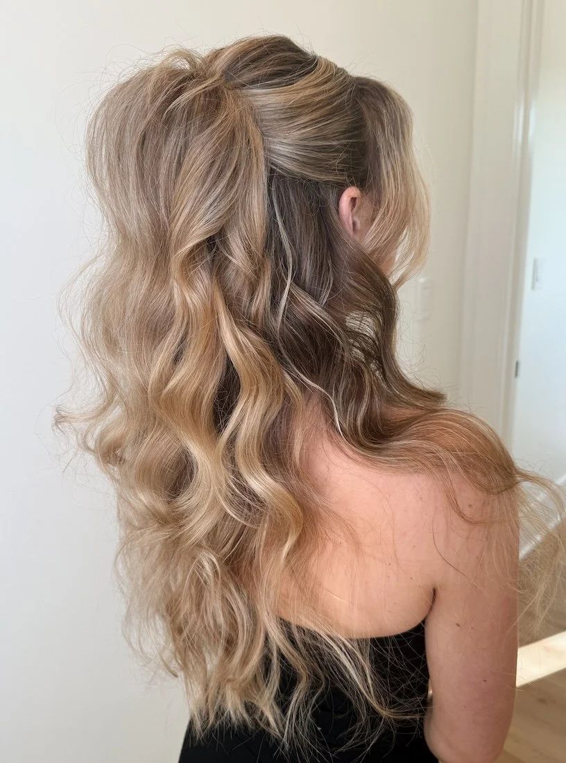 Blonde High Ponytail With Lowlights — Half Up Half Down Wavy Hair