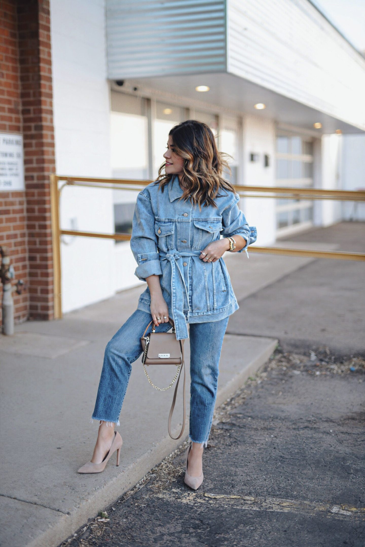 Belted Light Wash Denim Jacket with Straight-Leg Jeans — Denim Outfits
