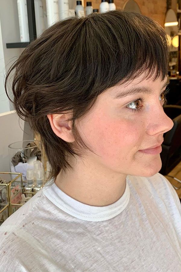 Wavy Medium Density Dark Brown Shag With Side Swept Bangs — Short Shag