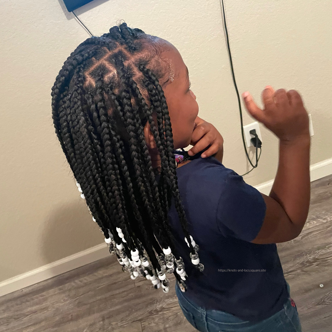 Shoulder-Length Box Braids With Clear Beads Shoulder-Length Box Braids With Clear Beads — Kids Knotless Braids
