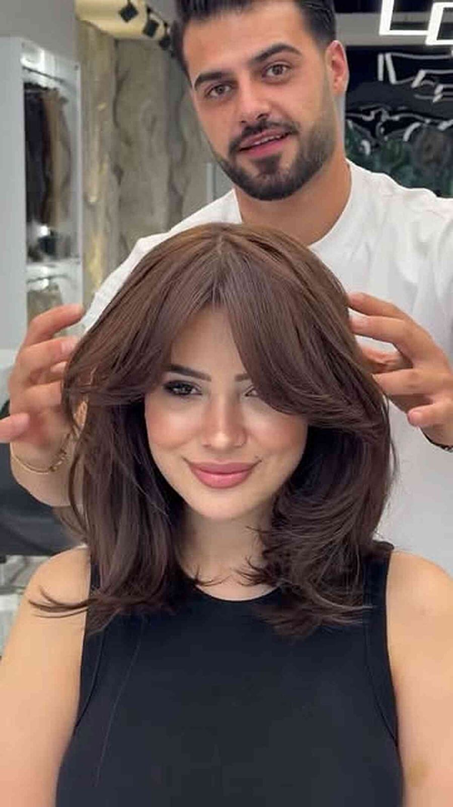 Layered Dark Brown Cut With Face-Framing Bangs Layered Dark Brown Cut With Face-Framing Bangs — Haircuts for Oval Faces