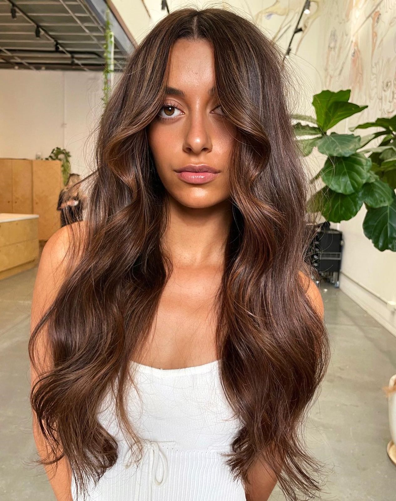 Mid-Back Chocolate Brown With Caramel Highlights Mid-Back Chocolate Brown With Caramel Highlights — Hair Color for Warm Skin Tone