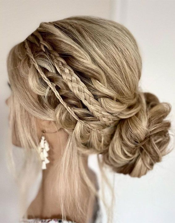 Ash Blonde Low Bun With Intricate Braids — Boho Braided Wedding Hair