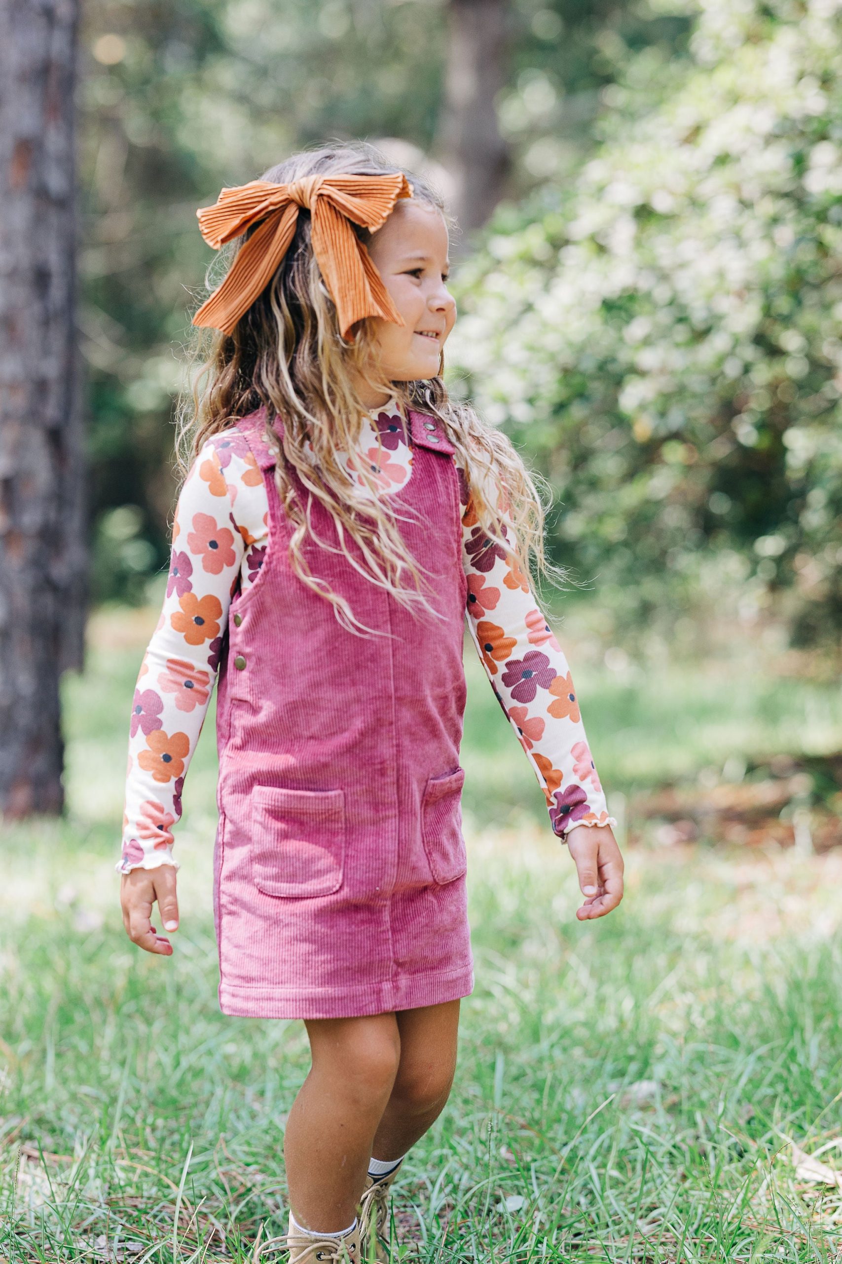 Corduroy Pinafore Dress with Floral Layering Corduroy Pinafore Dress with Floral Layering — Little Girl Outfits