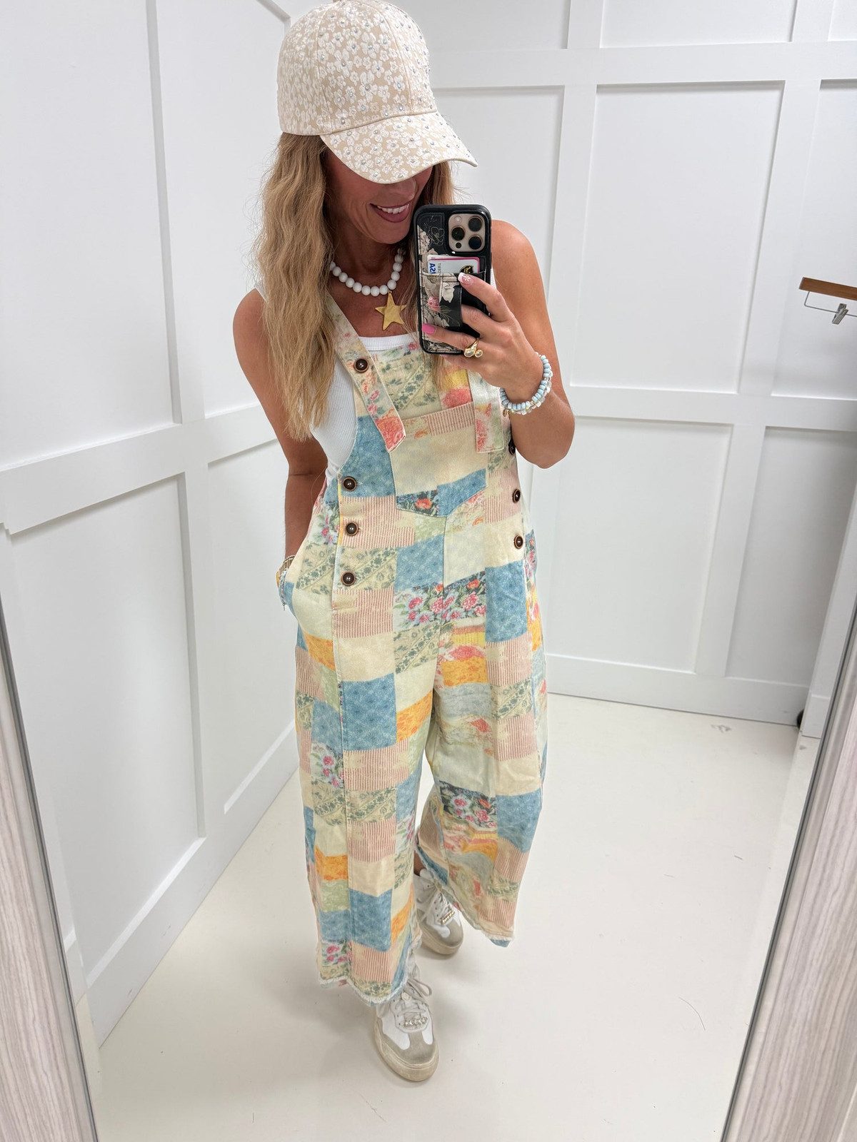 Patchwork Overalls with White Tank and Baseball Cap Patchwork Overalls with White Tank and Baseball Cap