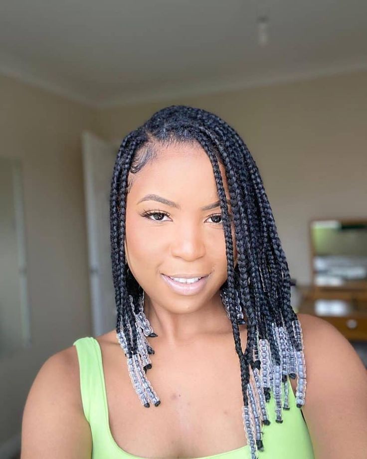 Collarbone Box Braids with Side Part and Beads Collarbone Box Braids with Side Part and Beads — Braids with Beads