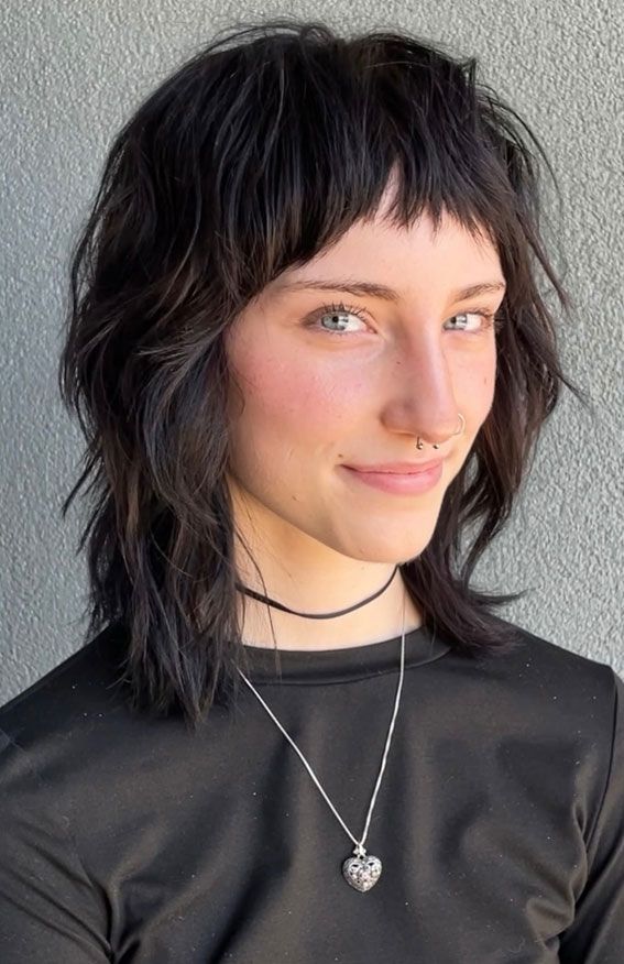 Chin Dark Brown Wavy Wolf Cut With Micro Bangs — Short Wolf Cut