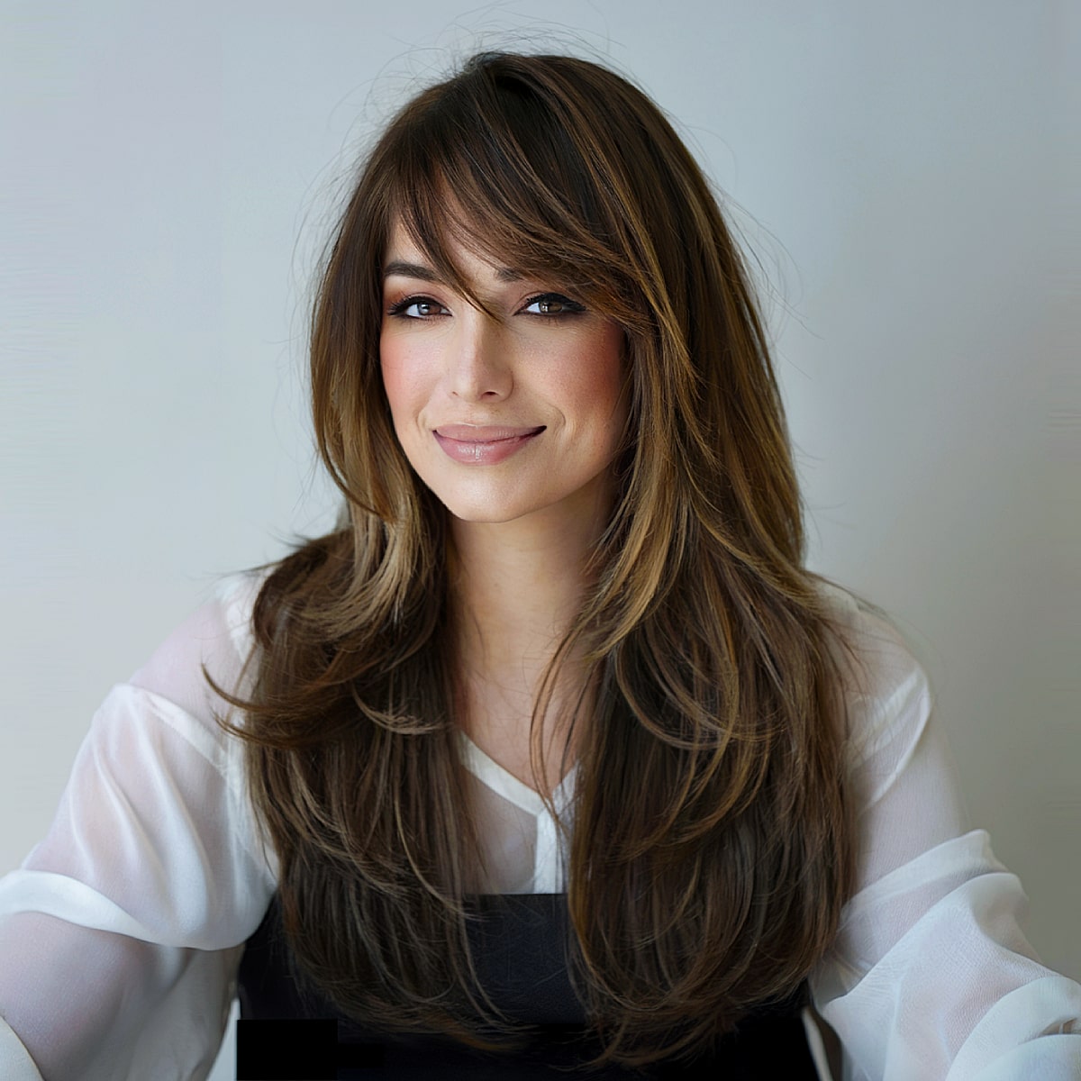 Smart Casual White Sheer Blouse with Wispy Side Bangs Smart Casual White Sheer Blouse with Wispy Side Bangs