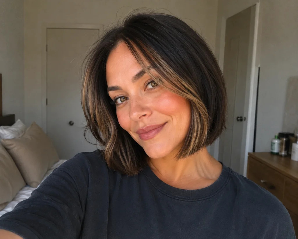 Dark Brown Lob With Caramel Highlights — Partial Highlights