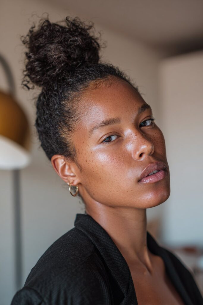 Top Knot Bun with Loose Curly Tendrils — Natural Hair Updo