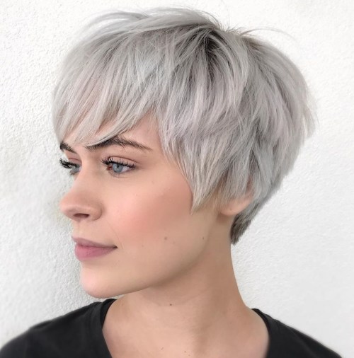 Platinum Blonde Pixie with Straight Fringe — Pixie Cut for Thick Hair