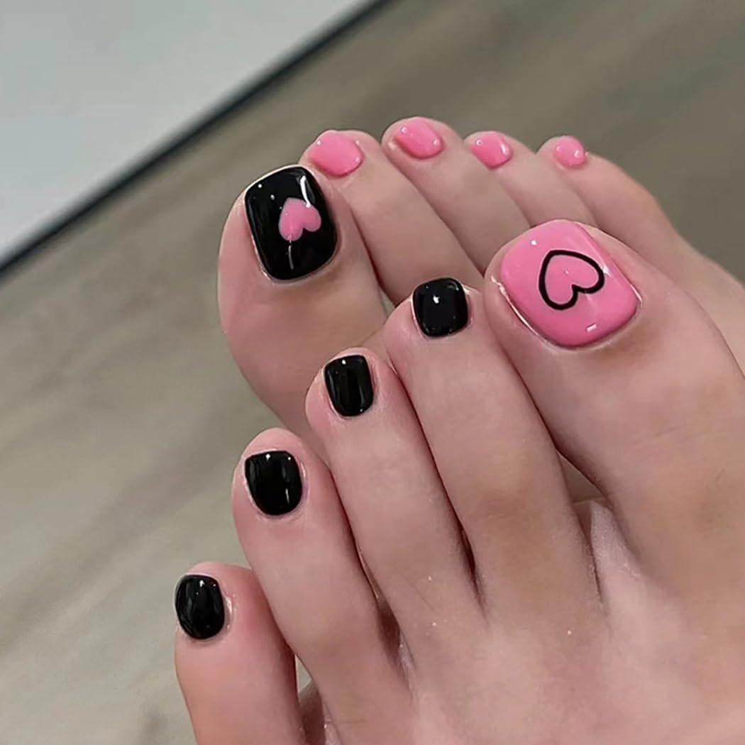 Playful Pink Heart Black Toenails Playful Pink Heart Black Toenails — Acrylic Toe Nails