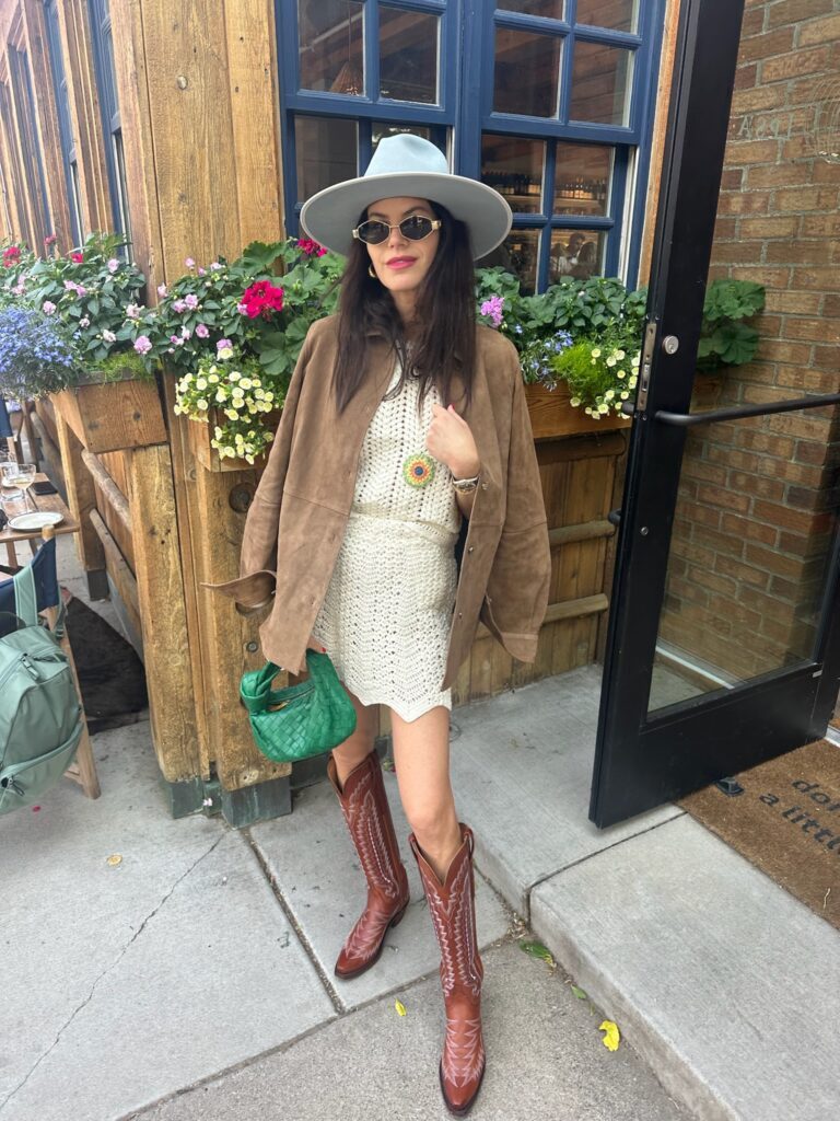 Boho Chic: Brown Cowboy Boots with Crochet Dress and Suede Jacket — Cowboy Boots with Skirt Outfits