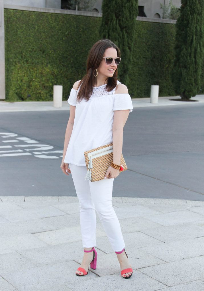 Vibrant Summer Fun: Strappy Block Heels with White Denim and Off-the-Shoulder Top Vibrant Summer Fun: Strappy Block Heels with White Denim and Off-the-Shoulder Top — Strappy Heels Outfits
