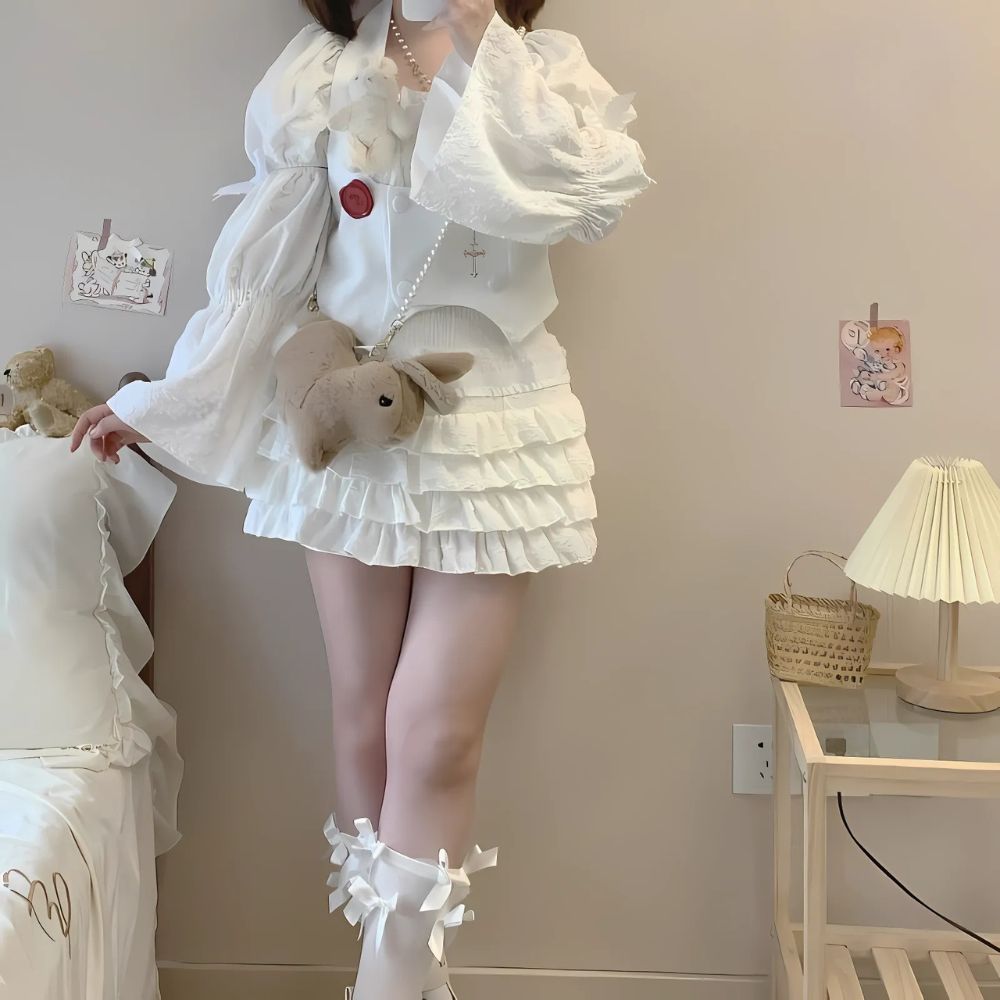 All-White Angelcore Set with Puffy Sleeves and Bunny Bag — Angelcore Outfits