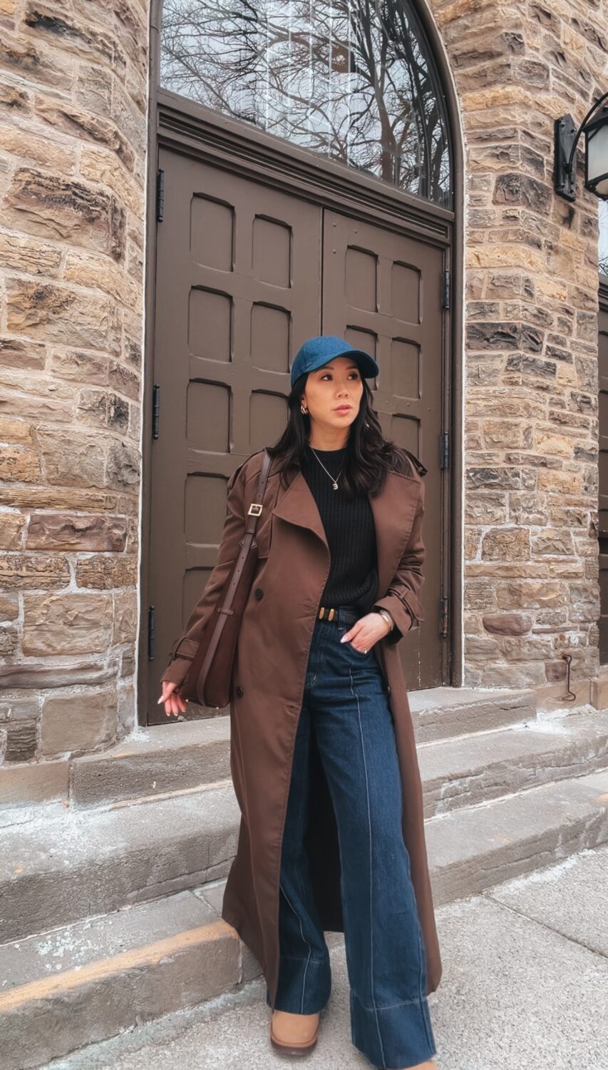 Autumnal Brown Trench Coat with Blue Cap — Trench Coat Outfits