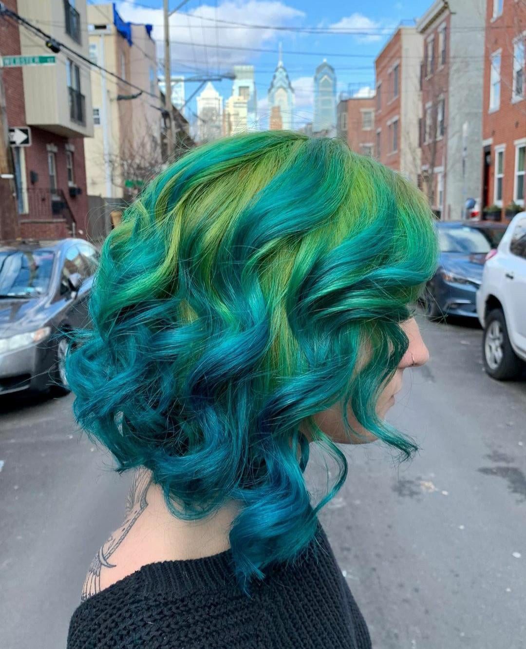 Chin Angled Bob Teal Lime Green Chin Angled Bob Teal Lime Green — Peacock Hair