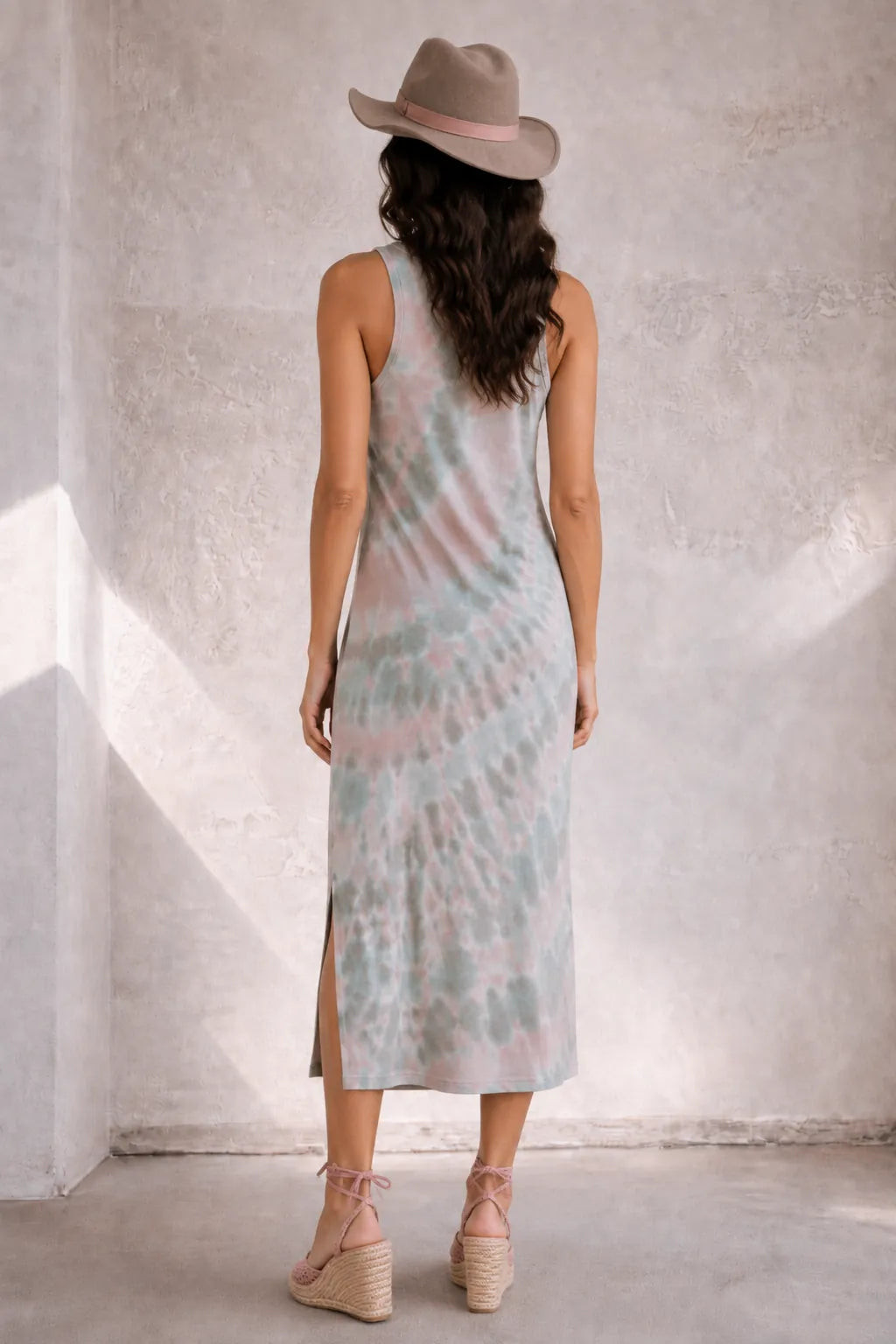 Tie-Dye Midi Dress with Espadrille Wedges Tie-Dye Midi Dress with Espadrille Wedges — Napa Outfits