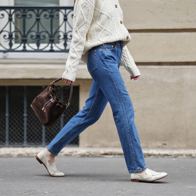 Cable-Knit Cardigan and Suede Bucket Bag — Straight Leg Jeans Outfits