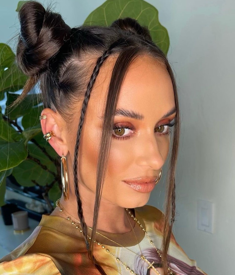 Mid-Back Dark Brown Space Buns With Braided Tendrils Mid-Back Dark Brown Space Buns With Braided Tendrils